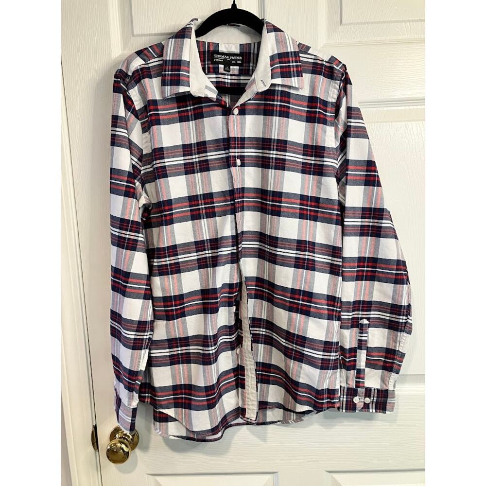 Thomas Payne London Navy White Plaid Long Sleeve Button Down Shirt Men Size L